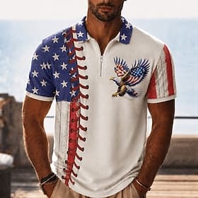 4th of July 2026 250th Men's Flag Zip Polo Shirts Short Sleeve Polo Shirts Collared Shirts Casual Party Evening Wear Festival Outfit 3D Print Quarter Zip Polo