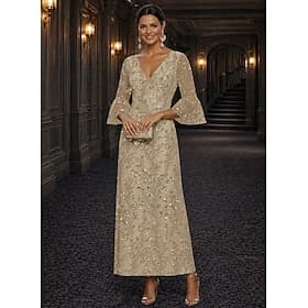 A-Line Dress Floor Length Ankle Length Cocktail Dress Mother of the Bride Dress Long Sleeve V Neck Elegant Luxurious Sparkle  Shine Formal Wedding Guest Semi F