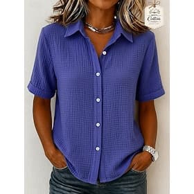 Women's 100% Cotton Button Down Shirt Casual Shirt Solid Color Plain Classic Short Sleeve Regular Tops Casual White Navy Blue Purple Summer