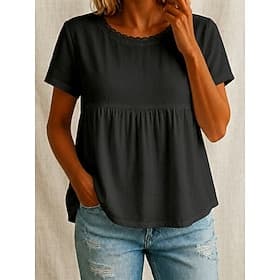 Women's Cotton Linen Shirts Lace Splicing Top Ruffle Lace Trim Vintage Short Sleeve Crew Neck Casual Black White Summer Spring Fall