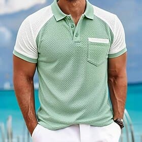 Men's Cooling Ice Silk Seersucker Polo Textured Casual Vacation Turndown Short Sleeve Fashion Basic Color Block Color Block Buttons Spring  Summer Blue Cooling