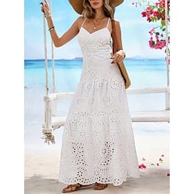 Women's Maxi Dress White Dress Summer Dress Eyelet Dress Fashion Modern Beach Vacation Holiday Regular Fit Floral Sleeveless Spaghetti Strap White Summer Sprin