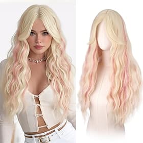 Blonde Wigs with Curtain Bangs for Women - Long Wavy Middle Part Natural Looking Synthetic Hair Wig for Daily Party Cosplay Costume, 26 Inch Blonde Mixed Pink