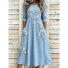 Women's Midi Dress Sundress A Line Dress Summer Dress Vacation Party Casual Daily Holiday Going out Regular Fit Floral Graphic Half Sleeve Crew Neck Blue White