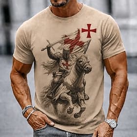Hombre Caballo Caballeros templarios Cruz Camiseta Manga Corta Camiseta Impresión 3D Cuello Barco Camisa Religioso Diario Calle Festivos Negro Caqui Todas las