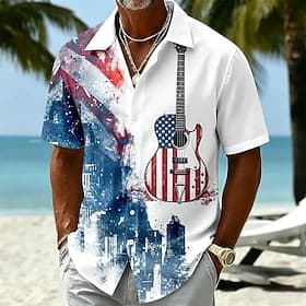 4 juli 2026 250e Voor heren Gitaar Amerikaanse vlag Overhemd Zomer overhemd Overhemd met knopen Korte mouw Vaderlandslievend Buiten Festival Zomer Lente Strijk thumbnail 4