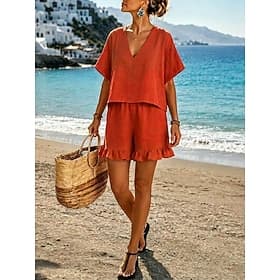 Women's Cotton Linen Sets Half Sleeve V Neck Drawstring Ruffle Vacation Casual Army Green Orange Summer