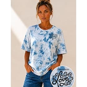 Women's 100% Cotton Embroidered T-shirt Graphic Letter Vintage Classic Casual Short Sleeve Crew Neck Regular Tops Casual Daily Weekend Blue Summer Spring