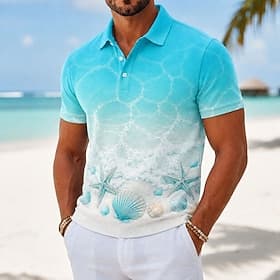 Men's Ocean Hawaiian Polo Shirts Short Sleeve Polo Shirts Collared Shirts Casual Athleisure 3D Print Buttons Breathable Mesh Spring  Summer Blue Blue 1 Blue 3#