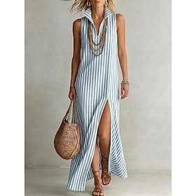 Women's Maxi Dress Casual Dress Striped Dress Elegant Fashion Daily Vacation Loose Fit Striped Sleeveless Stand Collar Blue Pink Green Summer Spring