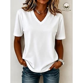Women's 100% Cotton T-Shirts - Quality Basic Short Sleeve V Neck Tee thumbnail 2