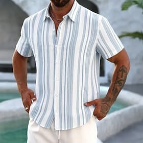 Herren Geometrisch Gestreift Hemd Knopfhemd Kurzarm Modisch lässig Täglich Outdoor Strandurlaub Sommer Frühling Umlegekragen 3D-Druck Leinenähnliches Hemd Blau
