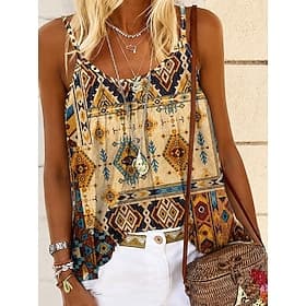Women's Shirt Blouse Print Graphic Geometric Paisley Bohemia Vintage Tropical Sleeveless Straps Regular Tops Casual Daily Khaki Red Dark Green Purple Brown Sum