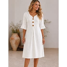 Women's Knee Length Dress Shift Dress Casual Regular Fit Plain 3/4 Length Sleeve V Neck White Summer Spring
