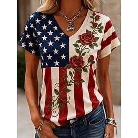American Independence Day Women's T Shirt Print Graphic American Flag Vintage Stylish Classic Short Sleeve V Neck Regular Tops Casual Daily White-Blue White Re