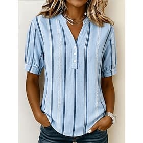 Women's Blouse Graphic Striped Vintage Stylish Casual Short Sleeve V Neck Regular Tops Casual Daily Blue Black Pink Brown Beige Summer Spring