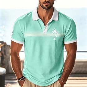 Men's Palm Tree Hawaiian Polo Shirts Short Sleeve Polo Shirts Collared Shirts Casual Athleisure Vacation Wear 3D Print Buttons Breathable Mesh Spring  Summer B
