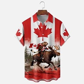 Canada Day Men's Maple Leaf Beaver Moose Shirt Summer Shirt Button Up Shirt Short Sleeve Patriotic Outdoor Holiday Summer Spring Turndown 3D Print Collared Shi