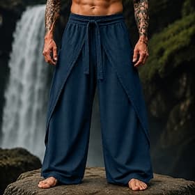 Men's Linen Pants Summer Pants Baggy Pants Elastic Cuff Plain Comfort Breathable Full Length Casual Daily Outdoor Vacation Vintage Army Green Red Inelastic thumbnail 3
