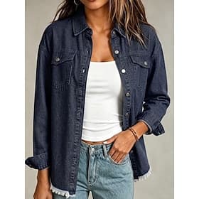 Femmes Chemise Chemisier Boutons Denim Couleur Unie Élégant Vacances Occasionnel manche longue Col de chemise Hauts Réguliers Occasionnel bleu marine Printemps thumbnail 2