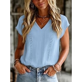 Women's Shirt Eyelet Top Boho Shirt Lace Shirt Elegant Bohemia Vacation Short Sleeve V Neck Long Tops Casual Blue Summer Spring