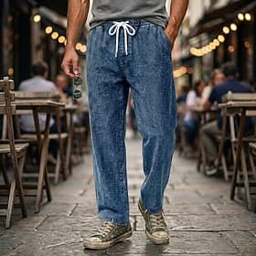 SoftFade™ Men's Trousers Casual Pants 100% Cotton Denim Pants Drawstring Elastic Waist Straight Leg Plain Comfort Comfortable Full Length Casual Daily Outdoor