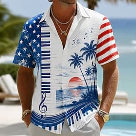 4th of July 2026 250th Men's Pano Keys American Flag Coconut Palm Shirt Summer Shirt Button Up Shirt Short Sleeve Patriotic Daily Streetwear Summer Spring Turn