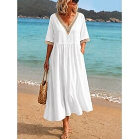 Women's Midi Dress Lace Dress White Dress Summer Dress Elegant Fashion Daily Beach Vacation Loose Fit Plain Half Sleeve V Neck White Navy Blue Light Blue Summe