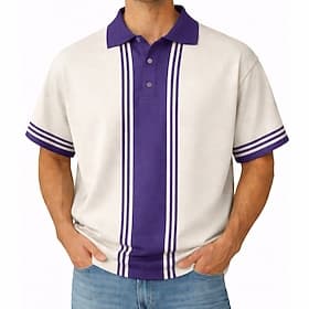 Men's Bowling Shirt Polo Shirts Casual Holiday Turndown Short Sleeve Basic Modern Color Block Vertical Stripes Color Block Buttons Summer Spring Blue Black Pur