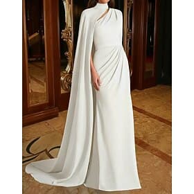 Mermaid Trumpet Sweep Brush Train Floor Length Cape Dress Evening Gown Elegant Celebrity Style Long Sleeve High Neck Wedding Formal Stretch Crepe with Pleats