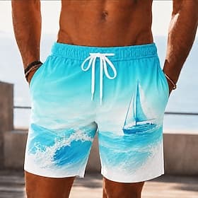 Men's Sailboat Ocean Waves Swim Trunks Bathing Suits Swim Shorts Board Shorts Mid Waist Hawaiian Daily Beach Vacation Wear Side Pockets Mesh Lining Elastic Dra
