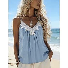 Women's Shirt Summer Shirt Blouse Camisole Tank Top Lace Solid Color Stylish Classic Modern Sleeveless V Neck Regular Tops Daily Holiday Going out White Pink S