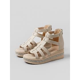Women's Beige Gladiator Wedge Sandals - Open-Toe Shoes with Strappy Design, Rhinestone-Embellished Sole and Back Zipper, Casual Summer Sandals for Everyday Wea