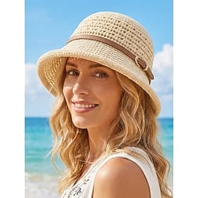 Women's Polyester Woven Bucket Hat with Leather Belt, Lightweight Summer Sun Hat for Vacation, Beach, Outdoor Casual and Daily Wear