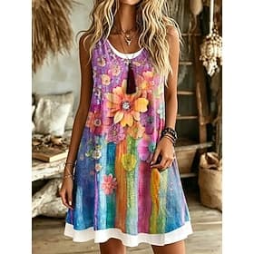Women's Mini Dress Sundress T Shirt Dress Tee Dress A Line Dress Vacation Casual Boho Loose Fit Floral Graphic Geometric Sleeveless Crew Neck Pink Purple Summe