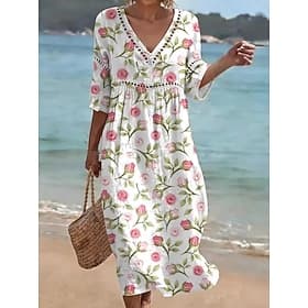 Femmes Robe Midi Robe fourreau Occasionnel Plage Coupe Ample Fleuri Graphique Manche 3/4 Col en V Bleu Blanche Rose Claire Été Printemps