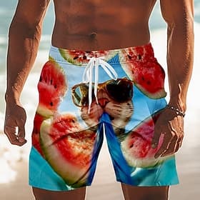 Men's Cat Watermelon Swim Trunks Bathing Suits Swim Shorts Board Shorts Mid Waist Funny Daily Beach Vacation Wear Side Pockets Mesh Lining Elastic Drawstring W