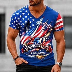 4 juli 2026 250e Voor heren Amerikaanse Amerikaanse vlag T-shirt Korte mouw T-shirt 3D-afdrukken V-hals Overhemd Vaderlandslievend Dagelijks Festival blauw Zwa thumbnail 3