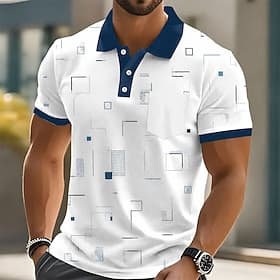 Men's Geometic Polo Shirts Short Sleeve Polo Shirts Collared Shirts Casual Outdoor Athleisure Daily Wear 3D Print Buttons Spring  Summer Blue Purple Brown