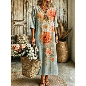 Women's Midi Dress Shift Dress Vacation Casual Holiday Loose Fit Floral Graphic Sleeveless V Neck Yellow Purple Green Summer Spring