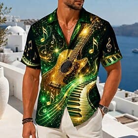 Men's Music Guitar Musical Instrument Shirt Button Up Shirt Camp Collar Shirt Short Sleeve Vintage Retro Daily Music Festival Holiday Summer Spring Cuban Colla