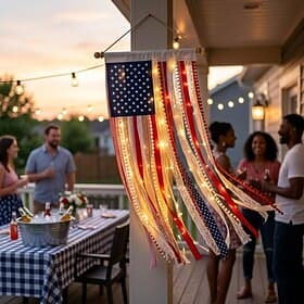 Lighted Rag American Bunting Flag Banner, 4 X 2.3 Ft Lighted Rag American Flag Banner, Independence Day Retro American Flags Bunting for Outdoor Garden Yard Ho