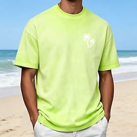 Heren T-shirt met kokospalmprint, 100% katoen, acid wash, zware kwaliteit, korte mouwen, DTG, ronde hals, modieus, dagelijks gebruik, vakantie, blauw, zwart, r thumbnail 3