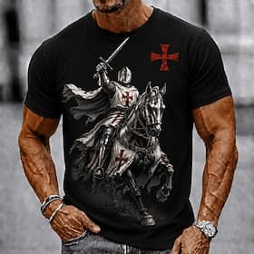 Men's Horse Knights Templar Crusaders Cross T Shirt Short Sleeve T shirt 3D Print Crew Neck Shirt Religious Daily Street Holiday Black Brown Khaki All Seasons