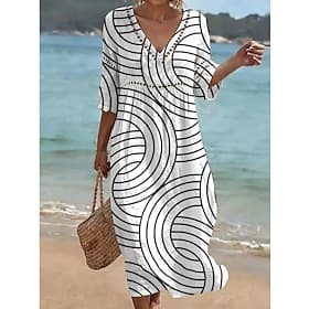 Women's Maxi Dress Shift Dress Sundress Summer Dress Vacation Party Casual Daily Beach Party Loose Fit Floral Graphic 3/4 Length Sleeve V Neck Blue White Rose