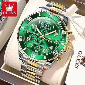 OLEVS Men's Chronograph Watch Luxury Green Face Two Tone Stainless Steel Moon Phase Waterproof Luminous Analog Quartz Wrist Watch for Men Big Face Fashion Spor