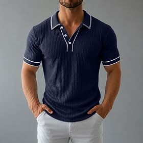 Men's Polo Shirts Rib Knit Top Holiday Lapel Ribbed Polo Collar Short Sleeve Basic Modern Plain Buttons Breathable Spring  Summer Spring Blue White Wine Navy B
