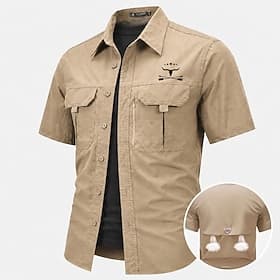 Men's Cow Fishing Shirts Cargo Shirt Utility Shirt Short Sleeve Sports  Outdoors Tactical Outdoor Streetwear Spring  Summer Shirt Collar Quick Dry Mesh Black L