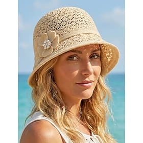 Women's Breathable Foldable Polyester Bucket Hat – Summer Sun Hat with Decorative Flower and Pearl, Multi-Color, Elegant Outdoor, Garden, Beach and Vacation We