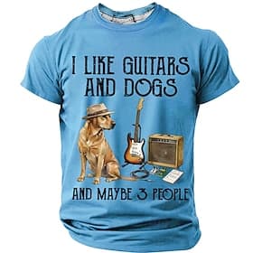 Men's I Like Guitars and Dogs and Maybe 3 People Funny Sarcastic Quote Graphic T-Shirt Musician Pet Lover Short Sleeve Casual Tee Designer Clothing Apparel S M